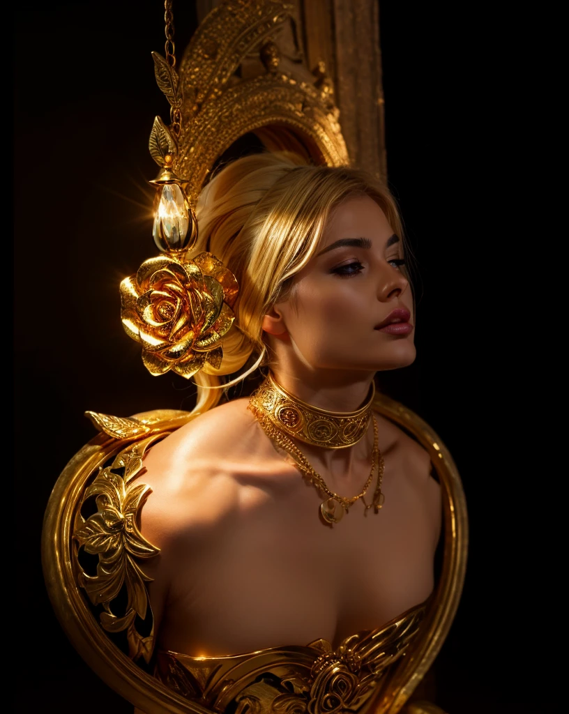 Create a beautiful golden rose in a medieval lighting setting
