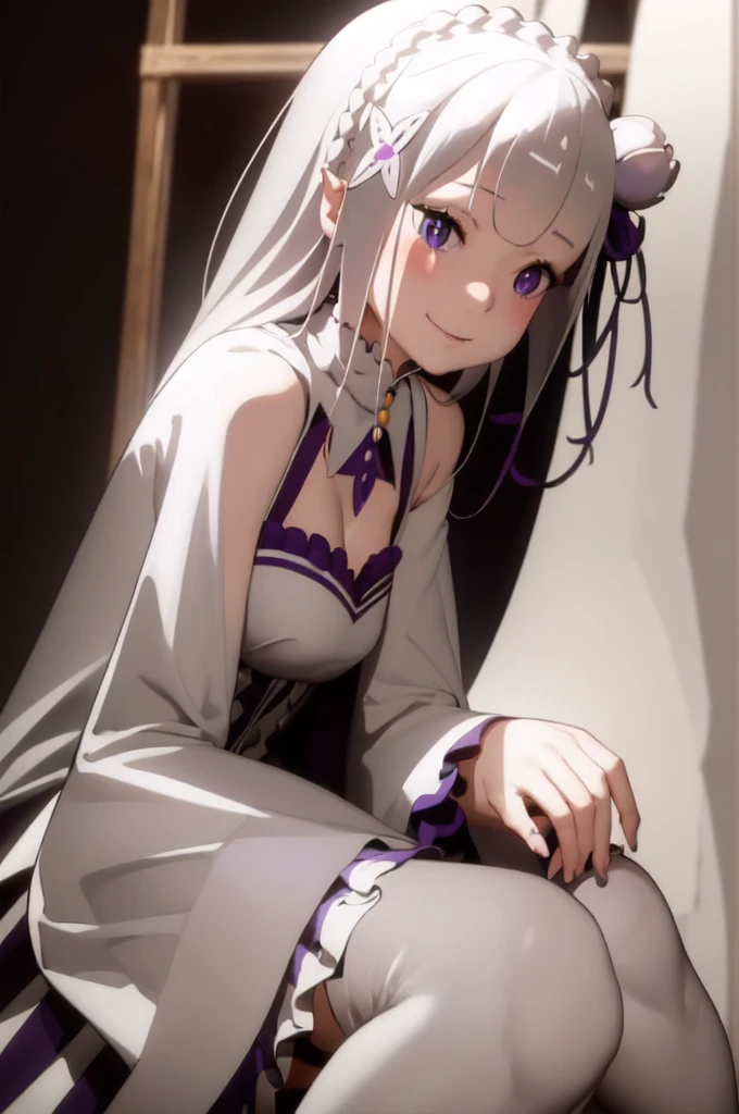masterpiece, 1girl, Emilia, blunt bangs, long hair, crown braid,
white dress, detached collar, wide sleeves, x hair ornament, hair flower, hair ribbon, white thigh boots, cleavage, purple frills, pleated_white_skirt
sitting on bench, garden, arms at sides,
looking at viewer, (smile:1.2), blush, from above,