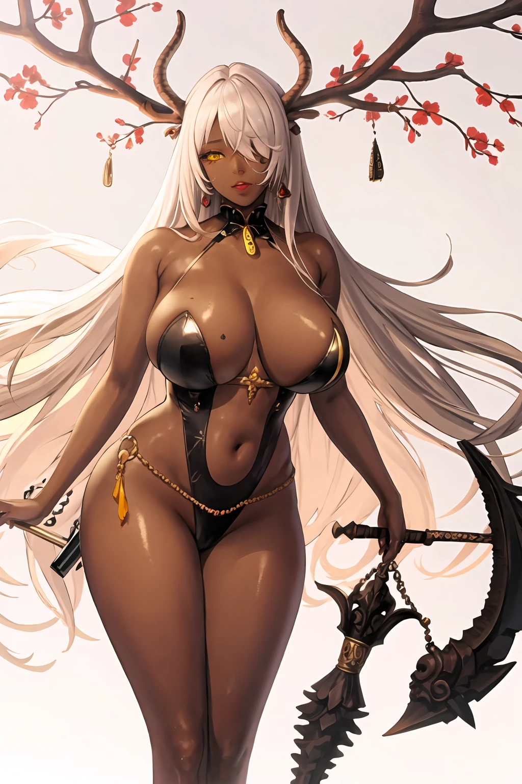 sfw, 1 girl, bangss, hair blonde, fêmea de darkskin, darkskin, demon girl, aretes, hair over one eye, antlers, Breasts huge, we helmets, jewerly, breasts big, lips, long hair, gazing at viewer, make up, wart on chest, wart under the mouth, へそ, Kale, parted lips, Ablaze, Ablaze skin, standing alone, trunk, White background, yellow eyes