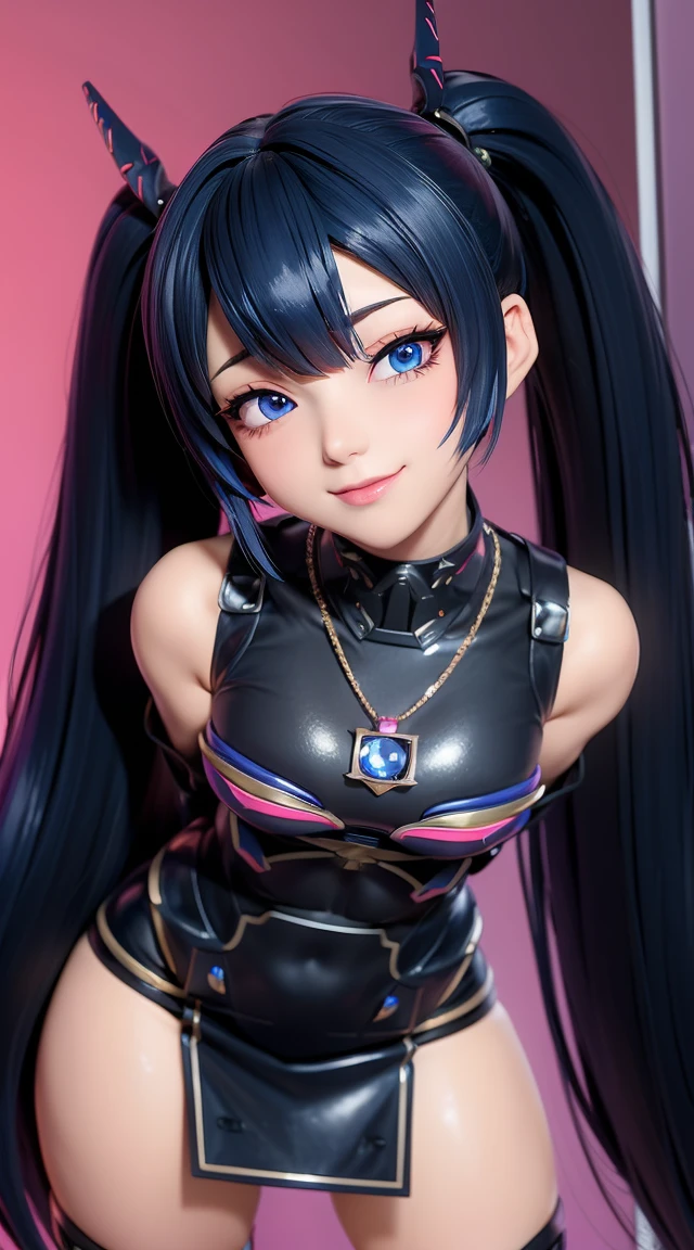 (masterpiece:1.3), (Best Quality:1.3), (Ultra-detailed:1.2), ((kawaii)), Cute, (lovely), ((sexy)), ((Extremely detailed)), 4K, (8K), Best Quality, (Beautiful), Illustration, anime style, (bold line:1.2), Gradation, looking at viewer, //, (bent down:1.1), (arms behind back), //, a cute girl, 1girl, (solo:1.2), gleaming skin, //, (flat chested), (Perfect eyes:1.2), (Perfect iris:1.2), //, darkblue hair color, (beautiful eyes) //, (half closed eyes:1.3), (sexual expression:1.2), Fascinated expression, smile, (blush:1.2), //, modern city background, on rock, twin tails, muscle girl, hard abs, exposed abs, NECKLACE, tight blouse, skirt, heavy armor suit, mecha musume, underboobs
