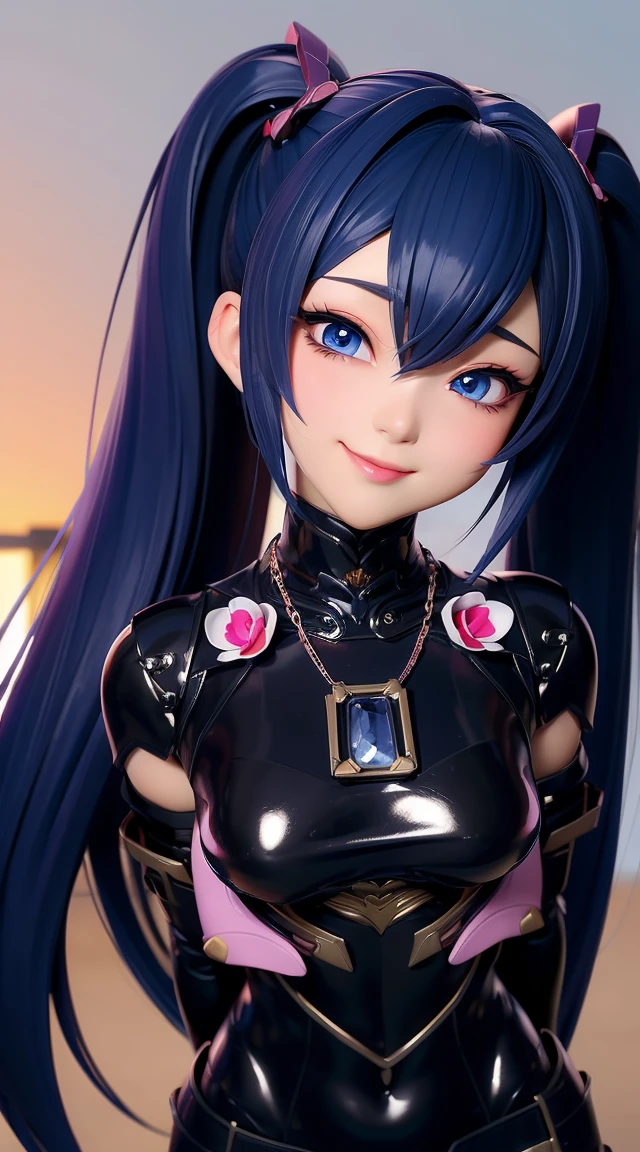 (masterpiece:1.3), (Best Quality:1.3), (Ultra-detailed:1.2), ((kawaii)), Cute, (lovely), ((sexy)), ((Extremely detailed)), 4K, (8K), Best Quality, (Beautiful), Illustration, anime style, (bold line:1.2), Gradation, looking at viewer, //, (bent down:1.1), (arms behind back), //, a cute girl, 1girl, (solo:1.2), gleaming skin, //, (flat chested), (Perfect eyes:1.2), (Perfect iris:1.2), //, darkblue hair color, (beautiful eyes) //, (half closed eyes:1.3), (sexual expression:1.2), Fascinated expression, smile, (blush:1.2), //, modern city background, on rock, twin tails, muscle girl, hard abs, exposed abs, NECKLACE, tight blouse, skirt, heavy armor suit, mecha musume, underboobs