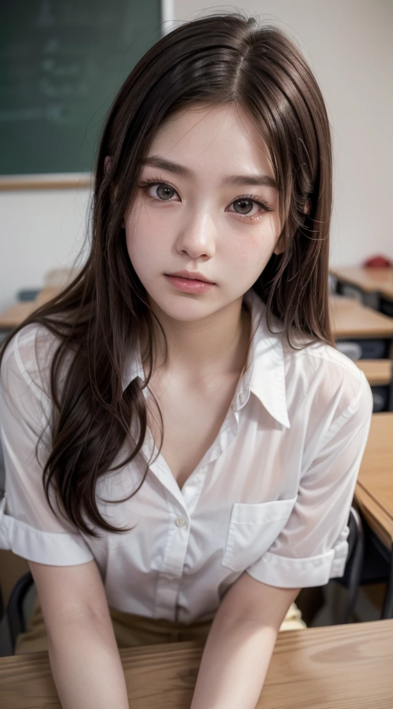 ((Highest quality, High resolution, Hmph, Pixel perfect, 4K, Hmph, Hmph))), single, alone, Beauty、The whole body is visible、 ((Long Hair, bangs, Brown Hair)), ((Brown eyes, Beautiful eyelashes, Realistic eyes)), ((Detailed face, Blushing:1.2)), ((Smooth texture:0.75, Realistic texture:0.65, Realistic:1.1, Detailed Photos)), Medium chest, Dynamic Angle, Perfect body, ((Unbuttoned shirt、I'm not wearing shoes、White Sox)), An empty classroom、Sit at a desk、Lower'I took my feet off the desk.............................................................、evening、、、Very embarrassing panic smile、(Spread your legs、Knees wide open、Floral lace panties)、、(Pink lace bra)、Angle from below、((Prostitute))、((Sexy))