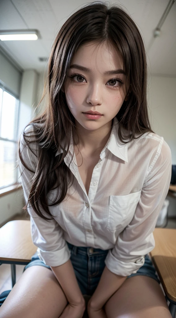 ((Highest quality, High resolution, Hmph, Pixel perfect, 4K, Hmph, Hmph))), single, alone, Beauty、The whole body is visible、 ((Long Hair, bangs, Brown Hair)), ((Brown eyes, Beautiful eyelashes, Realistic eyes)), ((Detailed face, Blushing:1.2)), ((Smooth texture:0.75, Realistic texture:0.65, Realistic:1.1, Detailed Photos)), Medium chest, Dynamic Angle, Perfect body, ((Unbuttoned shirt、I'm not wearing shoes、White Sox)), An empty classroom、Sit at a desk、Lower&#39;I took my feet off the desk.............................................................、evening、、、Very embarrassing panic smile、(Spread your legs、Knees wide open、Floral lace panties)、、(Pink lace bra)、Angle from below、((Prostitute))、((Sexy))