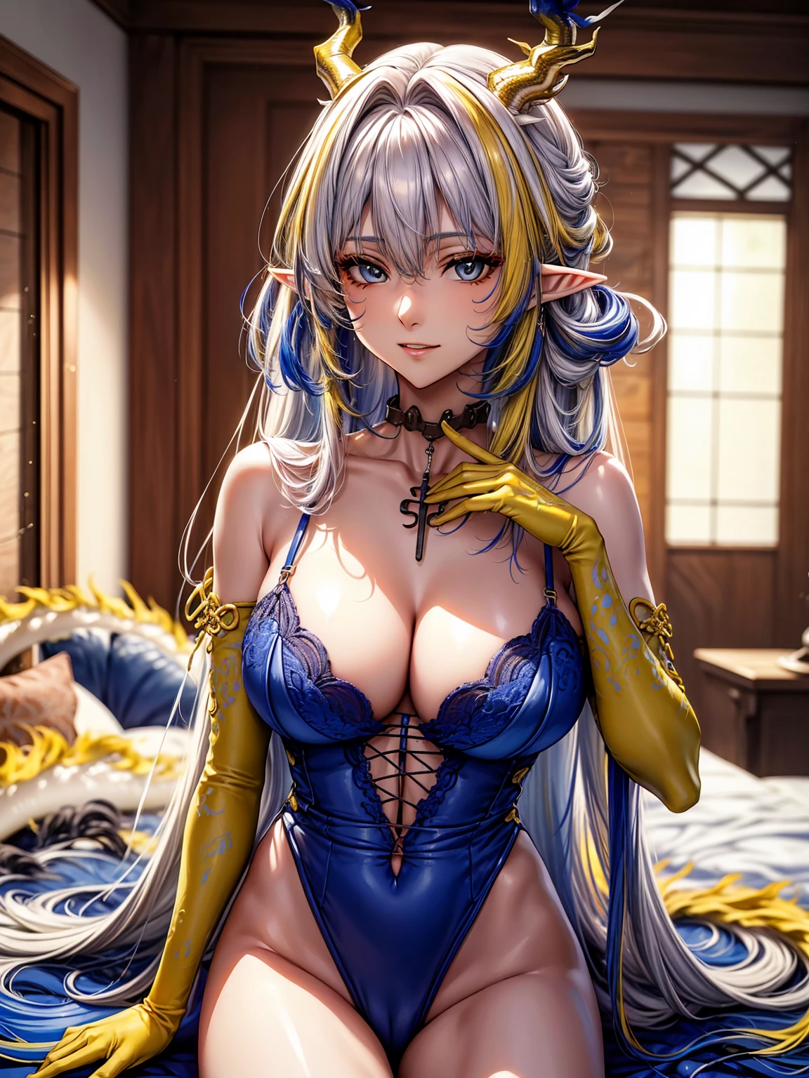 (masterpiece:1.2), (Best quality at best:1.2), perfect eyes, perfect face, 1 Girl, Alone, 8K, Best Quality, large ，(Detailed description of hair), (Detailed description of face),(Detailed description of body), fair and clear skin, matchless beauty, long legged, (30 years old)，facing the audience, professional photographic lighting, Shu(arknights), horns, pointy ears, white hair with slices of yellow and blue, light blue eyes, dragon horns, (yellow and blue colored painting all over upper arm and hand: 1.2), yellow arm and hand skin, dragon tail, lingerie, indoor, bed, ssmile