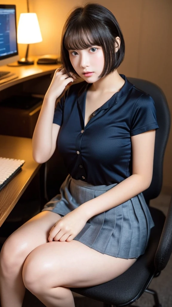 (Highest quality, 8K, masterpiece ), A 12-year-old junior high school student with a young face、 ponytail、Short Hairstyles、The eyes are large and clear、F cup large breasts、Black Hair、My shirt is about to tear、Glamour thighs:1.2、satin button down shirt, Highly detailed face, double eyelid, Round face:1.2、whole body、Sexy thighs:1.2、Round face:1.3、Side angle,Diagonal horizontal angle:1.2、Pleated mini skirt、Sitting in a chair in a dark office at night with the lights out、A computer is placed in a dark office at night with the lights off.