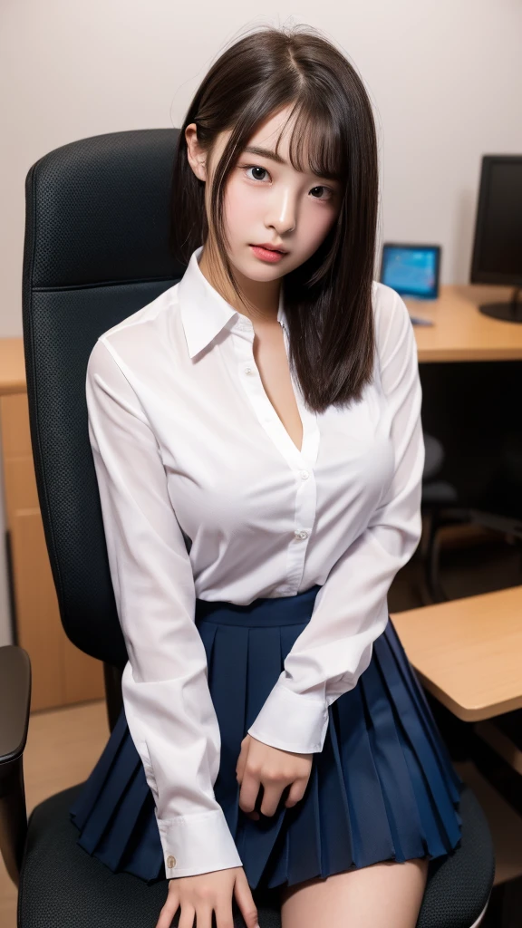 (Highest quality, 8K, masterpiece ), A 12-year-old junior high school student with a young face、 ponytail、Short Hairstyles、The eyes are large and clear、F cup large breasts、Black Hair、My shirt is about to tear、Glamour thighs:1.2、satin button down shirt, Highly detailed face, double eyelid, Round face:1.2、whole body、Sexy thighs:1.2、Round face:1.3、Side angle,Diagonal horizontal angle:1.2、Pleated mini skirt、Sitting in a chair in a dark office at night with the lights out、A computer is placed in a dark office at night with the lights off.
