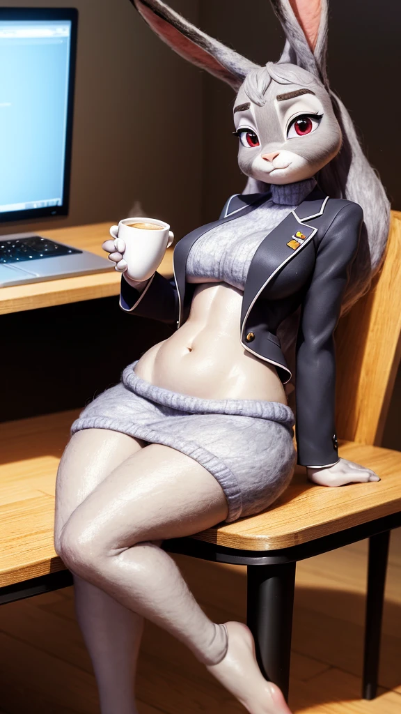 best quality, masterpiece, 3D anime, ((solo)), ((1girl)), ((Face is JudyHopps)), (long ears like a rabbit:0.8), Heir is beige bobheir style, Body is human lady, mini skirt suit, (two-piece suit:0.5), office business suit stlye, (the suit is made of wool:1.4), suit color is {gray stripe, red, yellow, green, white, black}, ((skin is silver with fluffy and fluffy)), Clothes that show her belly on, emphasize {hips}, {back, side, portrait} view, sideways glance, In the background there is a secret room, ((holding {a coffee, PC} in one {hand, arm})), She is sitting in a luxurious chair with my legs crossed