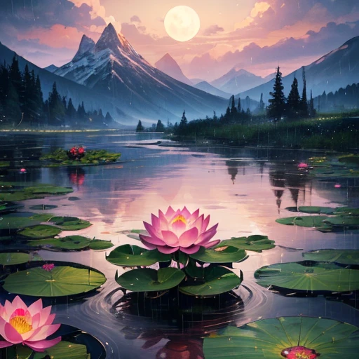 At night, Only moonlight illuminates, Distorted Moon, Distant Mountain々, Beautiful large lotus flower nearby, Big red lotus flower, Water flowing nearby, Frog, Summer full of joy, Distorted Moon in the sky mixed with stars, Awesome Wallpapers, Rainy night, Rainy night, Beautiful and beautiful, movie, High detail ((heavy rain))), 8K　Woman wearing Ao Dai