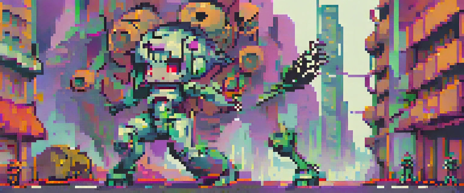 wallpaper, pixel art, futuristic character in a city controlled by robots, Retro Game, retro style characters, (work of art, best qualityer, perfect composition, very aesthetic, absurderes, ultra detali, details Intricate, proffesional, offcial art, Representative work:1.3)
