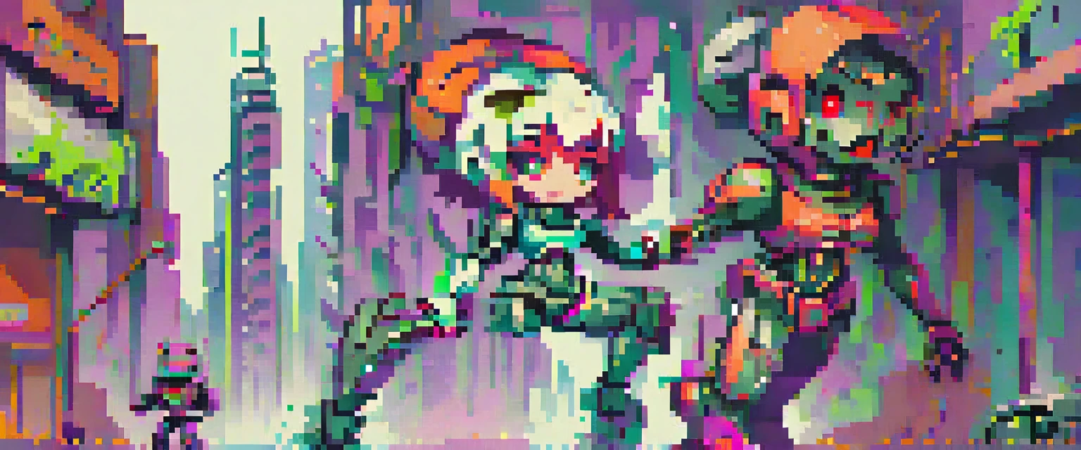wallpaper, pixel art, futuristic character in a city controlled by robots, Retro Game, retro style characters, (work of art, best qualityer, perfect composition, very aesthetic, absurderes, ultra detali, details Intricate, proffesional, offcial art, Representative work:1.3)
