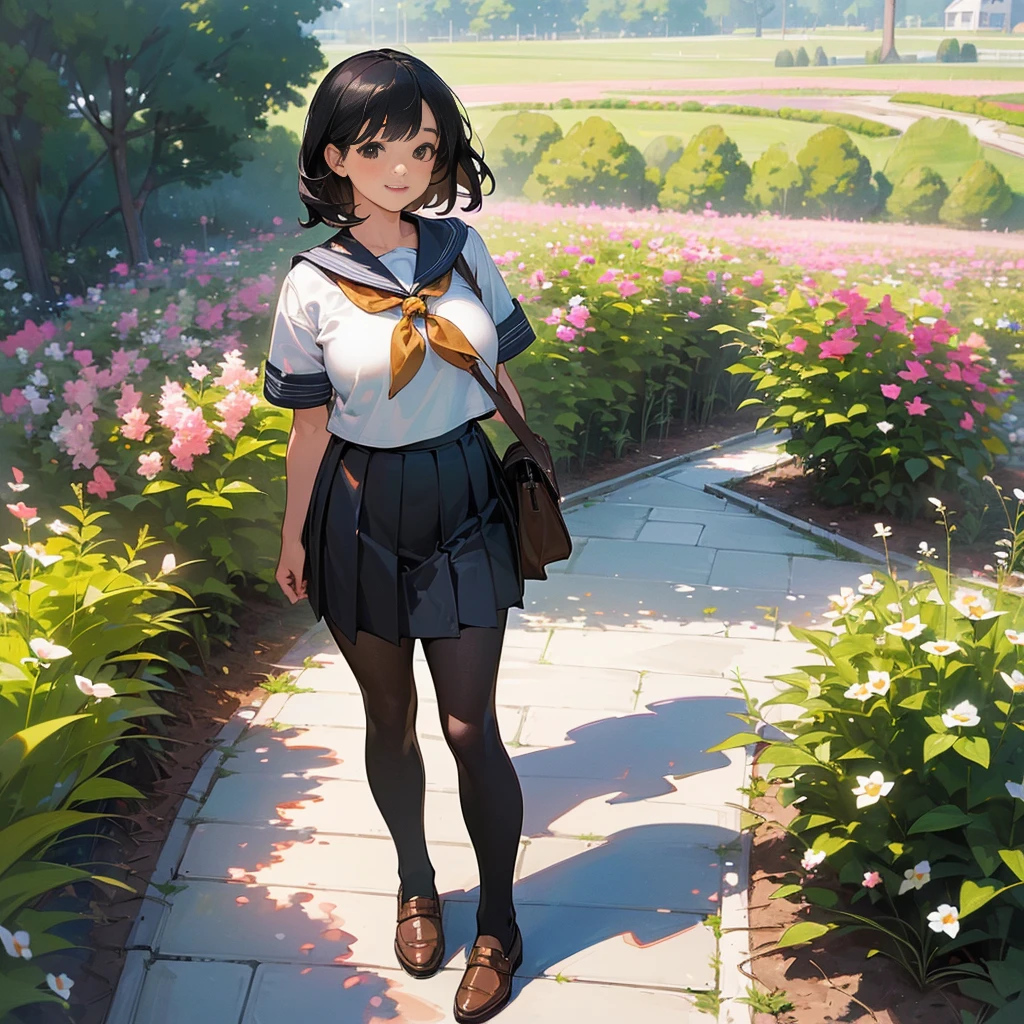 (Highest quality, High resolution, Super detailed, Realistic:1.37), Peaceful atmosphere, (Outdoor, garden), Teenage girl standing alone,(my breasts are big.),Beautifully detailed features, Cute Smile, ((Black bob hair)),Short-sleeved sailor uniform, Pleated skirt,Black tights,Brown leather shoes.