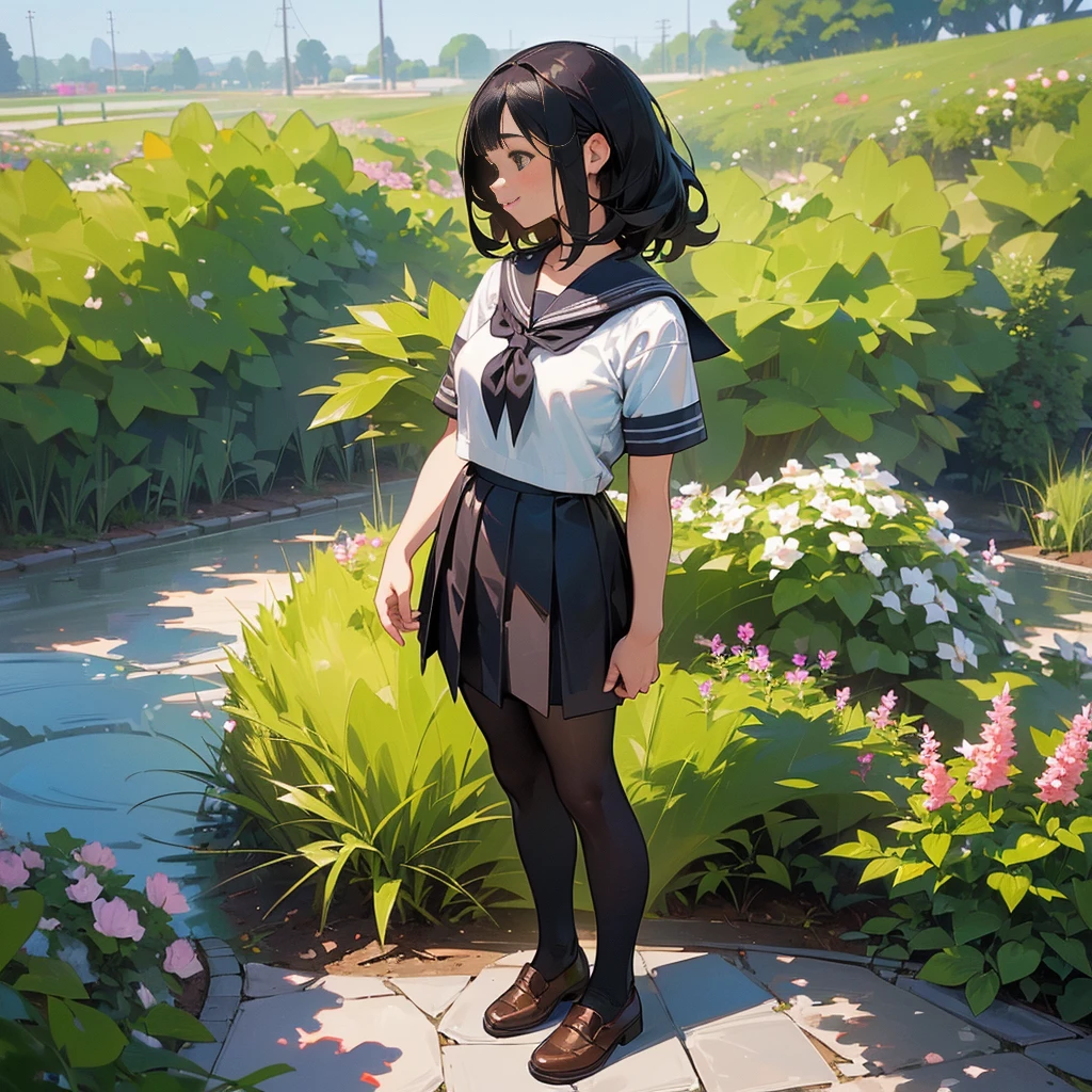 (Highest quality, High resolution, Super detailed, Realistic:1.37), Peaceful atmosphere, (Outdoor, garden), Teenage girl standing alone,(my breasts are big.),Beautifully detailed features, Cute Smile, ((Black bob hair)),Short-sleeved sailor uniform, Pleated skirt,Black tights,Brown leather shoes.