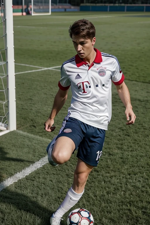 Now do it the same as the first one with a Bayern Munich shirt but let him be a man and a boy and on a soccer field with a Bayern Munich polo shirt full body kicking the ball 