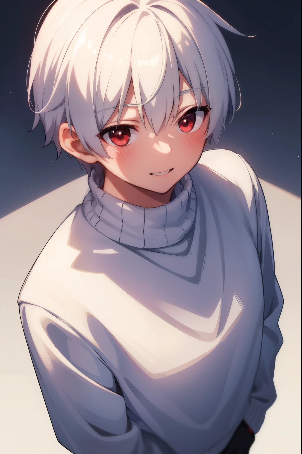 One boy, White short hair,Ahoge,Bright smile,Red eyes,Wool sweater, looking up,Squint your eyes,Blushing,winter,It&#39;s snowing,In town,Looking Back,
Looking at the audience, 
 Highest quality, High resolution, unity 8k wallpaper, Perfect lighting