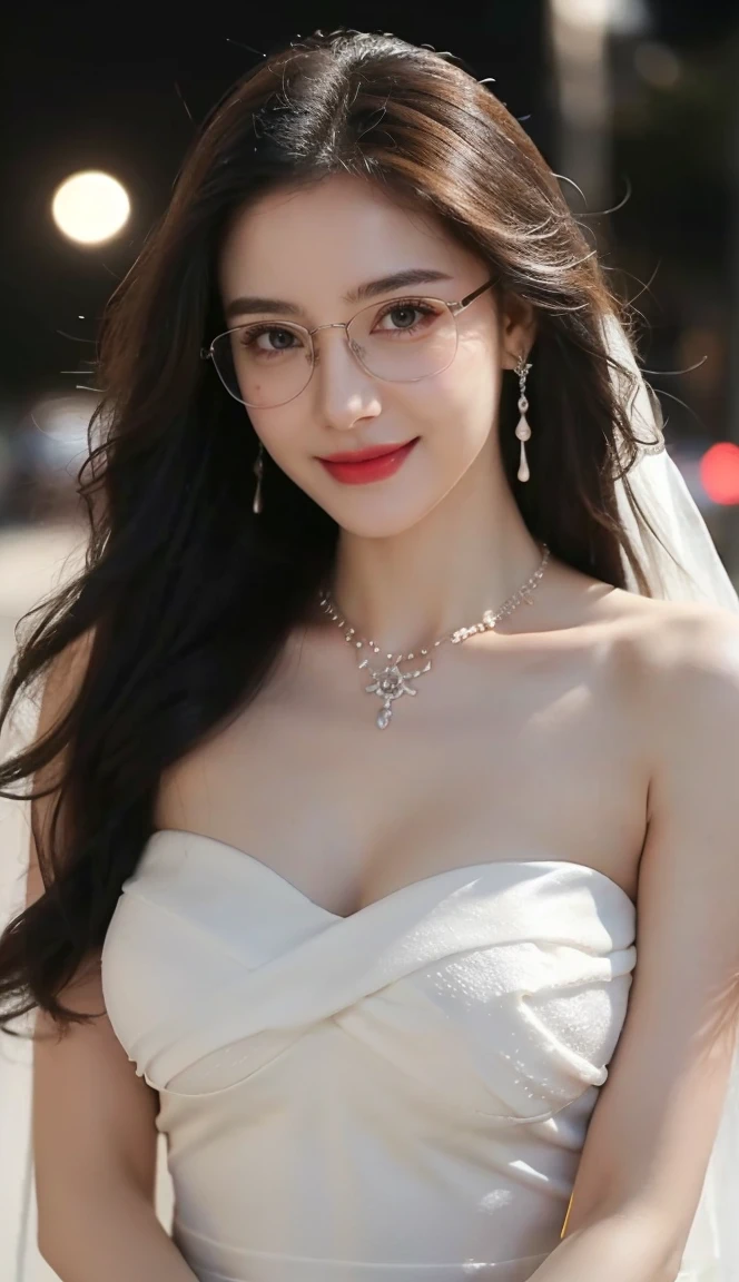 (Canon RF85mm f/1.2), (8K, RAW photos, best quality), (masterpiece), (actual, photograph actual), (Very detailed, High Detail, Best image quality, Super detailed, high resolution, Very detailed, Very detailed的描述, Ultra-fine, Extremely exquisite and beautiful work), Beautiful and delicate girl, Solo Girl, ((Perfect body)), Very detailed eyes and face, White skin, Noble beauty, ((The skin texture is delicate, Pores)), Perfect anatomical structure, Beautiful body, Delicate face, Slim abs, Slim waist), Big Ass, (Large Breasts, Breast enlargement), (Cleavage), (affectionate gaze, soulful eyes, Glowing eyes), (beautiful and clear eyes), (Bounce Curly Messy Long Hair), (Smile:1.2), (fascinated expression), (Attractive appearance), ((Cardigan，Strapless wedding dress)), ((Tight)), ((bud)), ((wear glasses)), earrings, necklace, ((night)), ((Street View, moonlight)), Physically Based Rendering, Realistic lighting, (((Upper Body))), ((looking at the audience)), ((Everlasting)), ((Happy and shy))