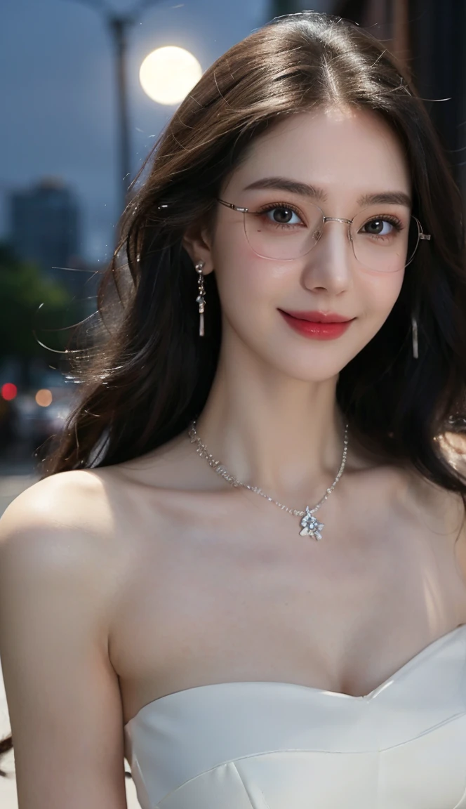 (Canon RF85mm f/1.2), (8K, RAW photos, best quality), (masterpiece), (actual, photograph actual), (Very detailed, High Detail, Best image quality, Super detailed, high resolution, Very detailed, Very detailed的描述, Ultra-fine, Extremely exquisite and beautiful work), Beautiful and delicate girl, Solo Girl, ((Perfect body)), Very detailed eyes and face, White skin, Noble beauty, ((The skin texture is delicate, Pores)), Perfect anatomical structure, Beautiful body, Delicate face, Slim abs, Slim waist), Big Ass, (Large Breasts, Breast enlargement), (Cleavage), (affectionate gaze, soulful eyes, Glowing eyes), (beautiful and clear eyes), (Bounce Curly Messy Long Hair), (Smile:1.2), (fascinated expression), (Attractive appearance), ((Cardigan,Strapless wedding dress)), ((Tight)), ((bud)), ((wear glasses)), earrings, necklace, ((night)), ((Street View, moonlight)), Physically Based Rendering, Realistic lighting, (((Upper Body))), ((looking at the audience)), ((Everlasting)), ((Happy and shy))