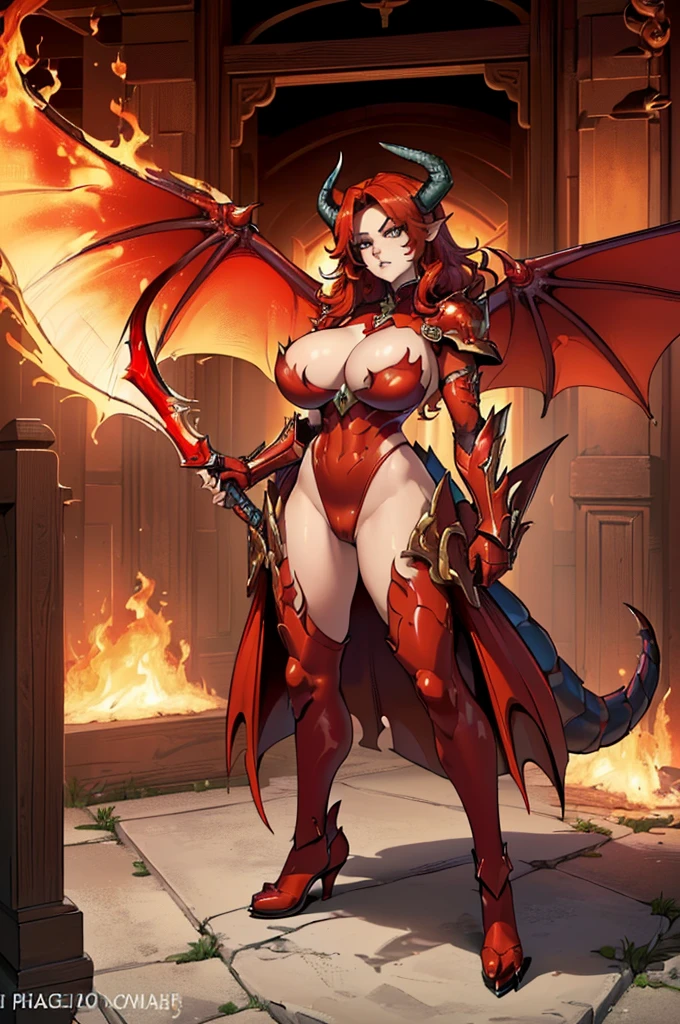 (masterpiece, best quality, high resolution, ((full body, standing,)),1(masterpiece, best quality, high resolution, ((full body, standing,)) , 1 red dragon woman, beautiful appearance , ((huge breasts)) sensual body, flaming red hair, dragon tail, big horns and claws, dragon wings, wearing armor with red scales, wild posture, holding a big flaming ax
