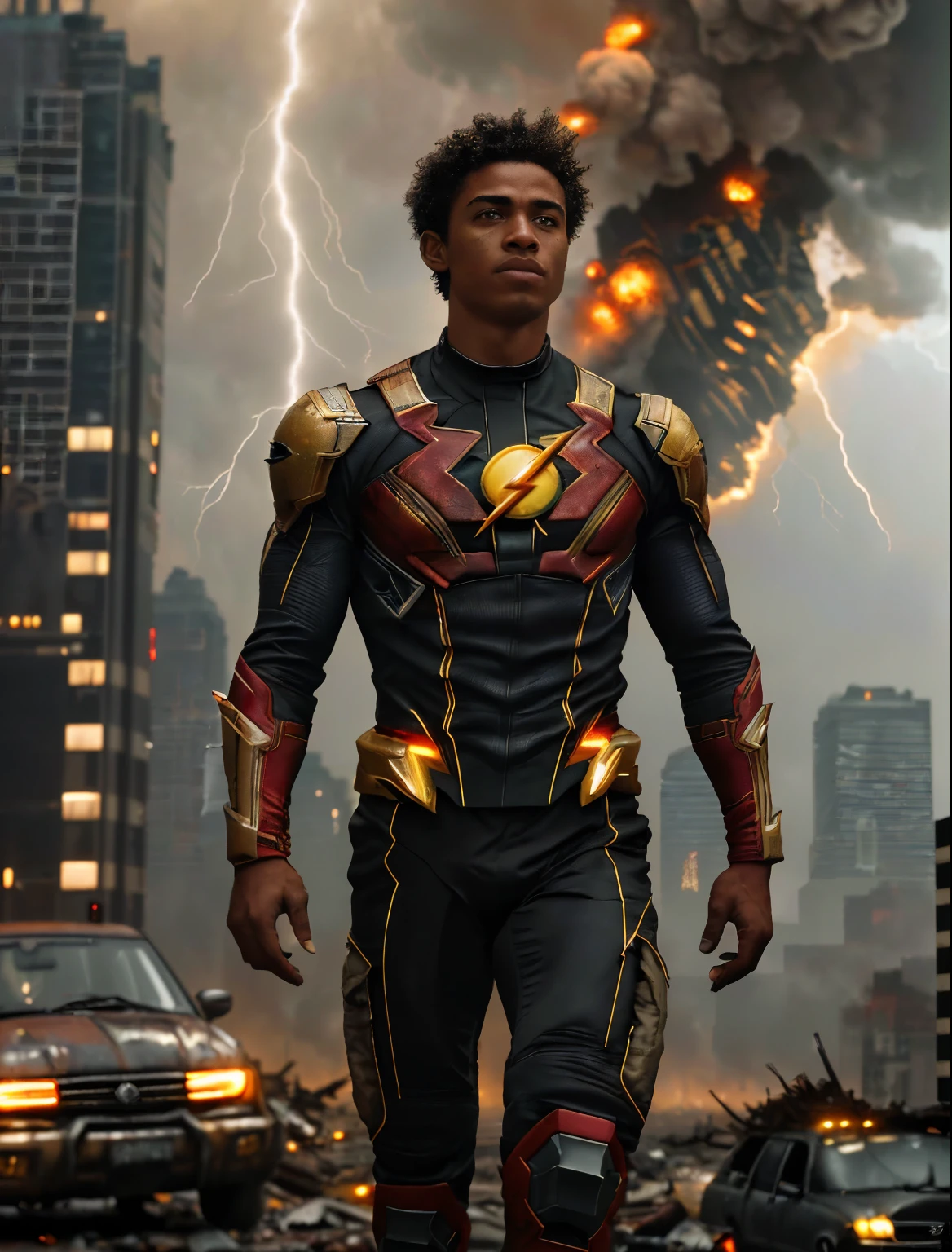 A realistic depiction of a 22-year-old African American Barry Allen, a.k.a. The Flash, running through an apocalyptic world, determined to save the universe from evil villains. Hyper-realistic, focusing on detailed textures and lifelike portrayal. Emphasis on the intensity and urgency of Barry's mission with dramatic lighting and atmospheric effects.A devastated urban landscape, the remnants of a once-great city now in ruins. Skyscrapers are partially collapsed, vehicles are abandoned and overturned, and fires rage unchecked. The sky is a tumultuous mix of dark storm clouds and lightning, casting an eerie glow over the scene.Barry Allen, captured in mid-run. His figure is sharply focused, showing every muscle and expression in vivid detail. His face shows determination and resolve, eyes set straight ahead as he races against time.A young African American man with short, tightly curled hair and an athletic build. He wears a meticulously detailed version of the Flash suit, designed with a realistic texture that suggests advanced materials and wear from previous battles. The suit is primarily red with gold accents, slightly battle-worn, but still functional.Arcs of lightning in shades of red and gold trail behind Barry, illustrating the immense speed and power he commands. The ground beneath him cracks and sparks as he runs, emphasizing the force of his movement.In the background, vague shapes of menacing villains loom, shrouded in smoke and shadows. Their presence adds a palpable sense of danger and urgency. Other elements of chaos, like flying debris and shattered glass, further enhance the apocalyptic feel.The scene is charged with tension and energy, a world on the brink of collapse but with a glimmer of hope embodied by Barry.The contrast between the dark, ruined environment and the bright, electrifying presence of Barry underscores his role as a beacon of hope.