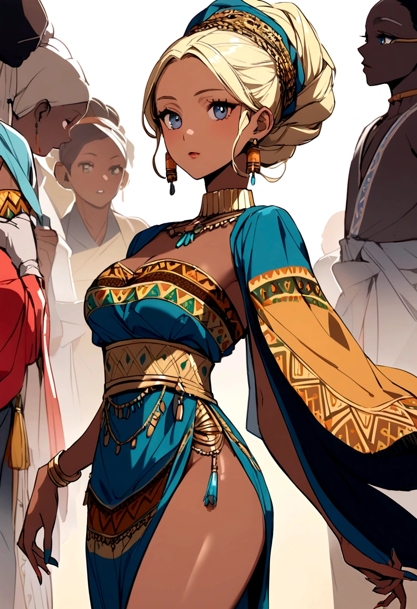 beautiful blonde dressed in African outfit and black blue eyes gorgeous woman