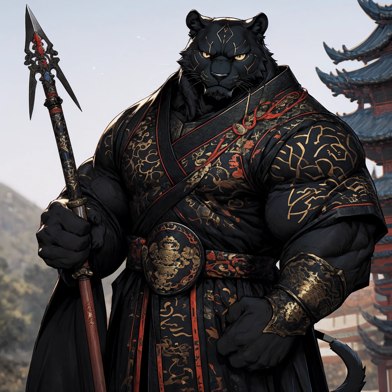 (Black Panther),(Black combat robe),Holding a spear,Powerful gesture,Stand confidently and proudly,Chinese style general holding a sword looking into the distance Longcheng middle-aged serious face beard,Strong,muscle,(high resolution:1.3)