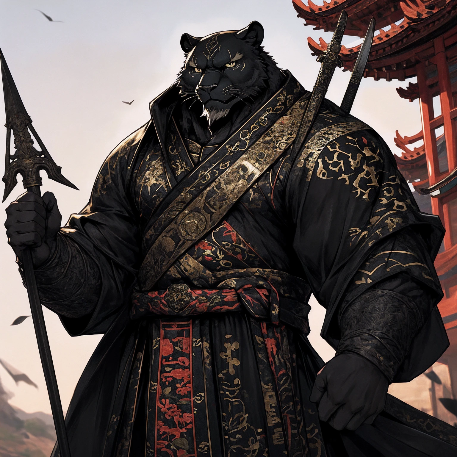 (Black Panther),(Black combat robe),Holding a spear,Powerful gesture,Stand confidently and proudly,Chinese style general holding a sword looking into the distance Longcheng middle-aged serious face beard,Strong,muscle,(high resolution:1.3)