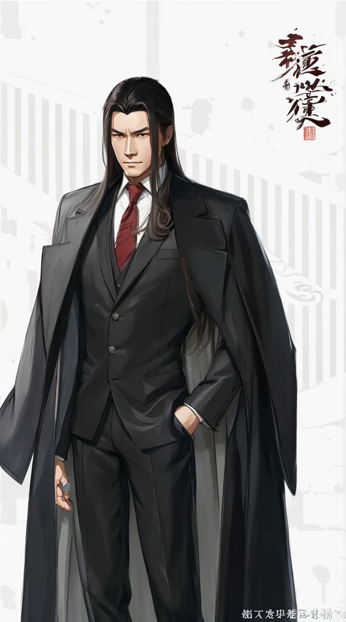 man with long flowing hair, Wearing a loose three-piece luxury coat, Showing a cool and carefree expression, This style is reminiscent of ancient Chinese character design, showcasing a mature artistic style, ( ( Character Concept Art ) ), Full body figure painting