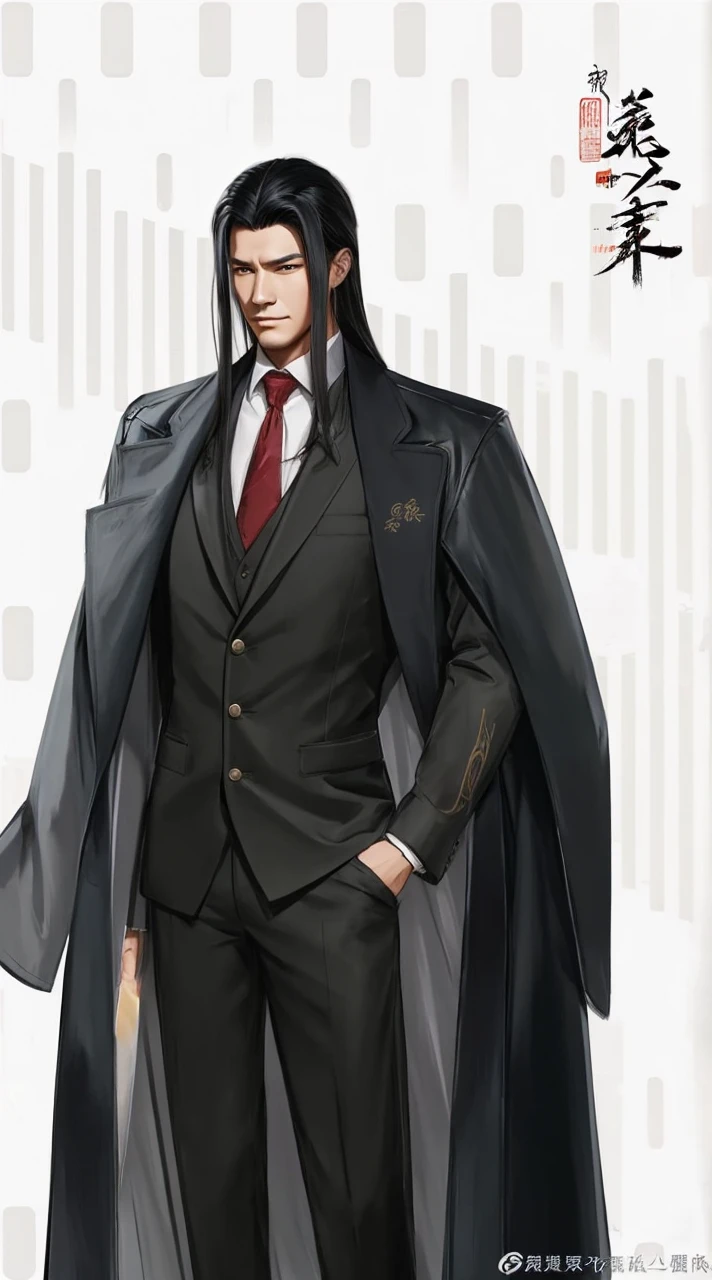 man with long flowing hair, Wearing a loose three-piece luxury coat, Showing a cool and carefree expression, This style is reminiscent of ancient Chinese character design, showcasing a mature artistic style, ( ( Character Concept Art ) ), Full body figure painting