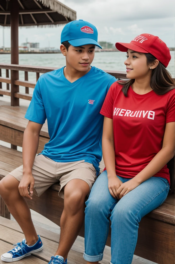 age couple sitting on the boardwalk in Veracruz (girl with sky blue shirt and boy with red shirt and cap 