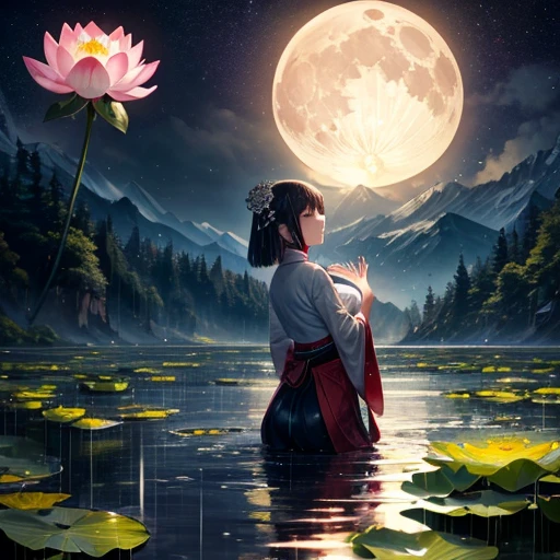 At night, Only moonlight illuminates, Distorted Moon, Distant Mountain々, Beautiful large lotus flower nearby, Big red lotus flower, Water flowing nearby, Frog, Summer full of joy, Distorted Moon in the sky mixed with stars, Awesome Wallpapers, Rainy night, Rainy night, Beautiful and beautiful, movie, High detail ((heavy rain))), 8K Woman wearing Ao Dai
