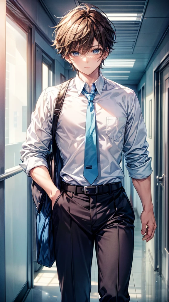 A handsome 18-year-old boy looks at the viewer, short beautiful dark brown hair, beautiful light blue eyes, white and blue school shirt with tie,black school pants, light muscle body,cute face, gentle eyes, school hallway, anime, high detail, ultra-high quality, 8K