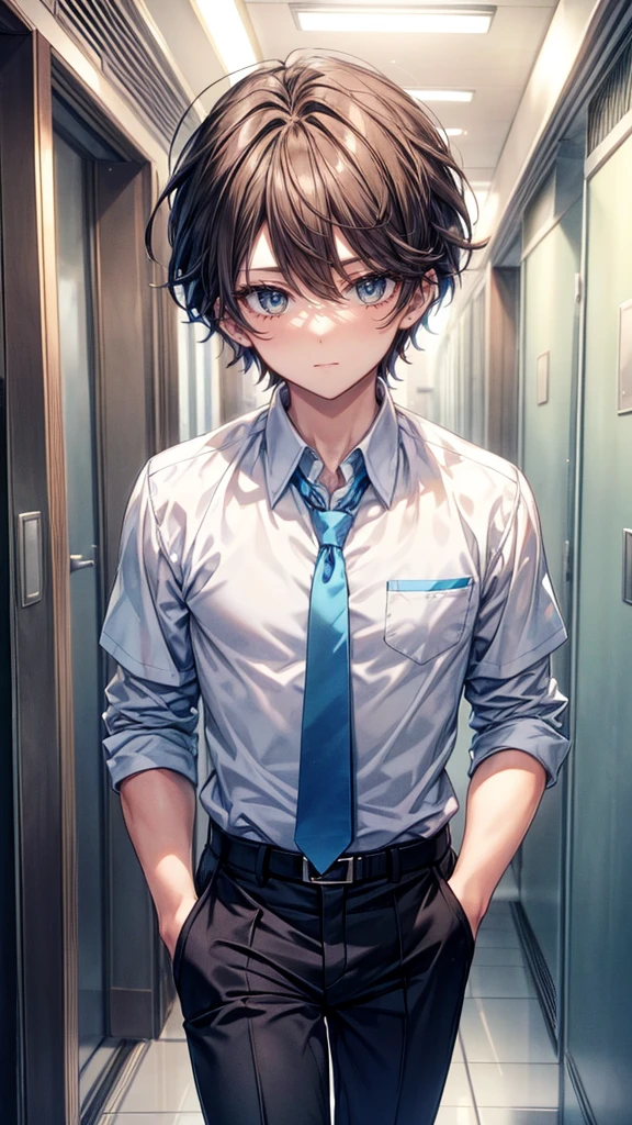 A handsome 18-year-old boy looks at the viewer, short beautiful dark brown hair, beautiful light blue eyes, white and blue school shirt with tie,black school pants, light muscle body,cute face, gentle eyes, school hallway, anime, high detail, ultra-high quality, 8K