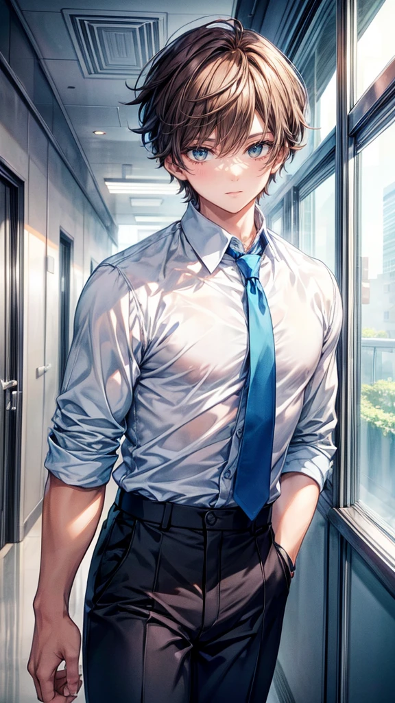 A handsome 18-year-old boy looks at the viewer, short beautiful dark brown hair, beautiful light blue eyes, white and blue school shirt with tie,black school pants, light muscle body,cute face, gentle eyes, school hallway, anime, high detail, ultra-high quality, 8K