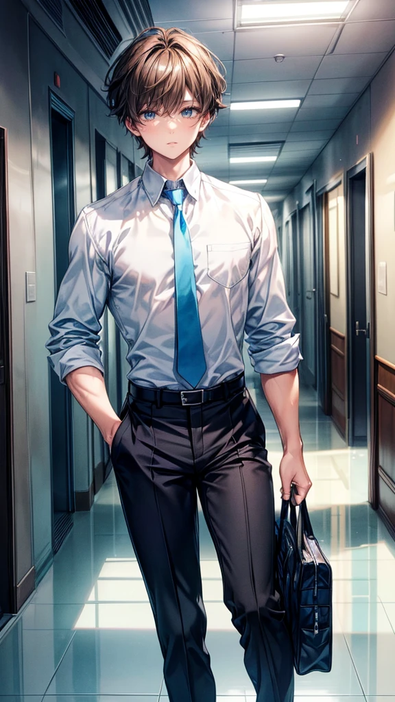 A handsome 18-year-old boy looks at the viewer, short beautiful dark brown hair, beautiful light blue eyes, white and blue school shirt with tie,black school pants, light muscle body,cute face, gentle eyes, school hallway, anime, high detail, ultra-high quality, 8K