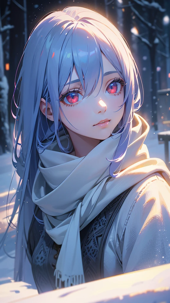 1girl, long blue hair, red eyes, scarf, snow landscape, sunlight reflecting on snow, volumetric lighting, cinematic lighting, depth of field, highly detailed, 8k, photorealistic, masterpiece, studio lighting, intricate details, beautiful detailed eyes, beautiful detailed lips, extremely detailed face, elegant pose