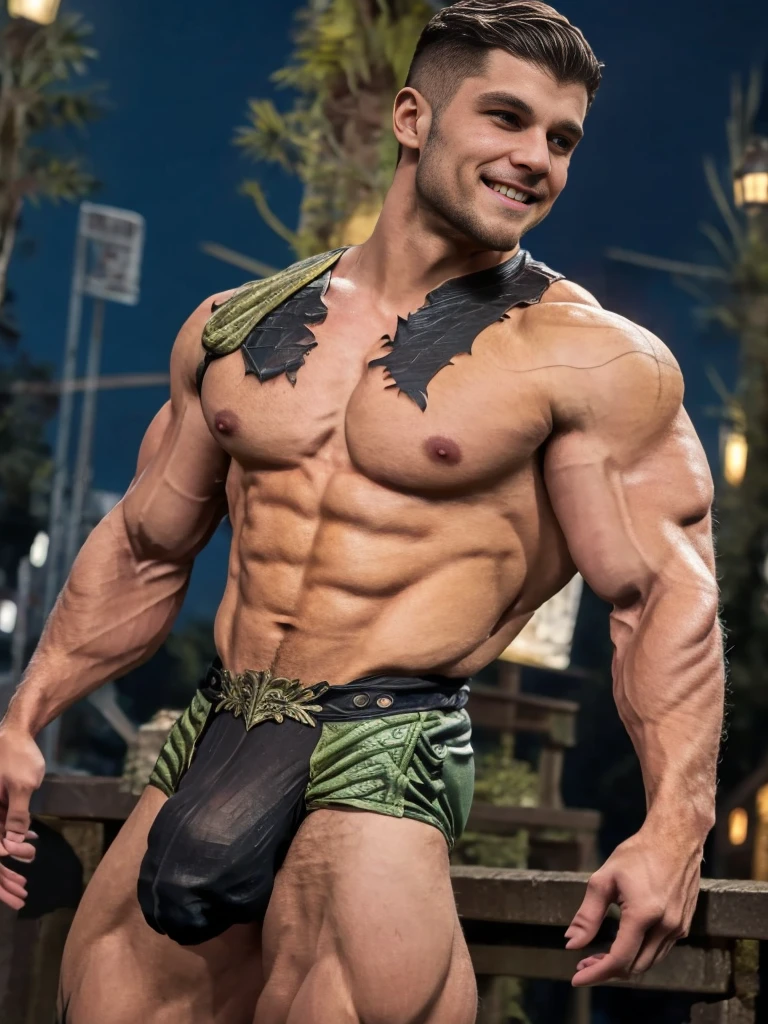 Photorealistic, Hero Super Bulge, ((best quality)), ((masterpiece)), (detailed),masculine portrait of a hero with the power of bulge, (Hero outfit), smile, 18-year-old male models, handsome, tall, manly looking, beard:1.5, powerful, young male, handsome model, light green eyes, short hair, buzz cut, (short curly messy hair:1.2), messy curly hair, muscular, fit, six pack, torn hero outfit, hairy barechested, ??????????, bulge, ripped, night, (Dark city background:1.6) 8k, high detailed, ultra-detailed, Stylish Pose, real skin texture, dark cinematic lighting