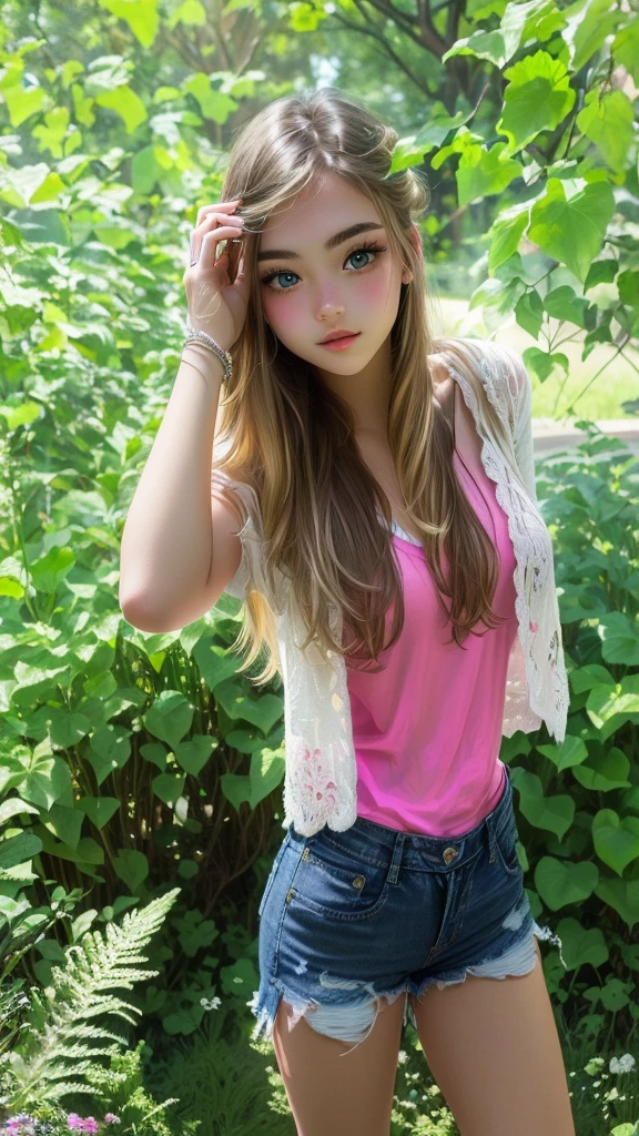 a close-up of a woman in a pink shirt and denim shorts, Young teenagers, a beautiful teenage girl, with long blond hair, beautiful pretty young, sweet young girl, beautiful seductive teenager, DSLR photo of a pretty teen girl, beautiful young girl, Outfit : Jeans and white vest, Casual pose, She is about 