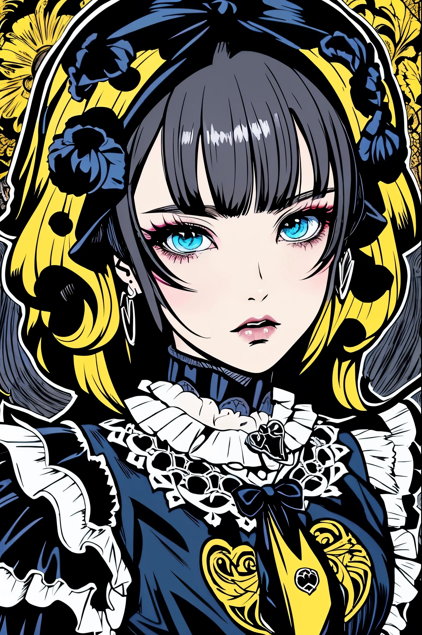 Beautiful Hardcore Illustration homepage illustration style, dark, high resolution, hard touch illustration, strong outline, 1 girl, gothic & lolita style, gothic & lolita fashion, 8k, American comic style, colorful background, Hiroyuki Nagasaka, aggressive, beautiful face, cool beauty, dress, beauty style, yellow color, Hard illustration, blue hear,