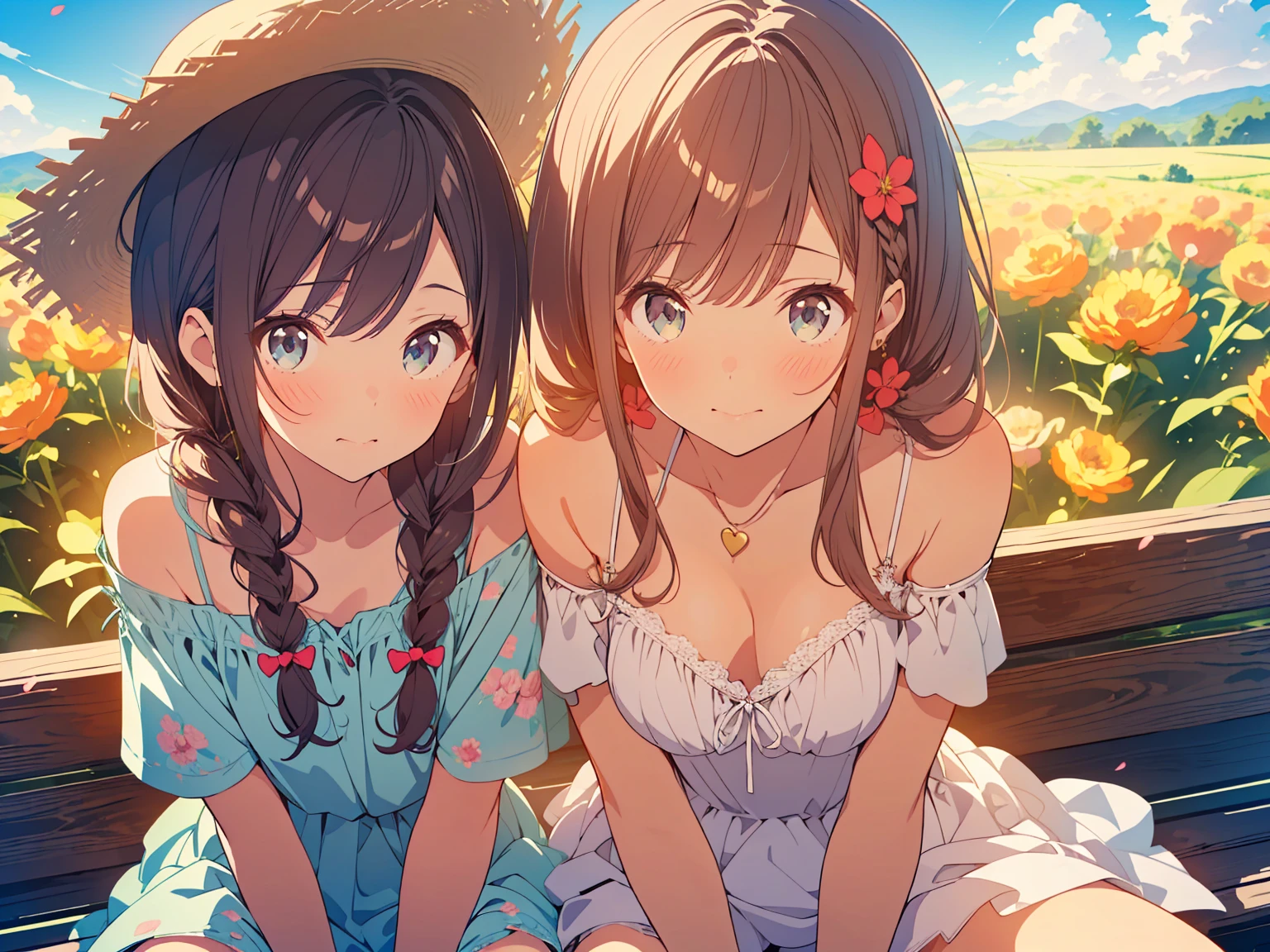masterpiece, best quality, detailed, an extremely delicate and beautiful, high resolution, highres, hi-vision anime, ( anime coloring:1.1), Motivated Light,( beautiful hair), (beautiful face), photo of perfect eyes, perfect eyes, perfectly composed photo, detailed face, detailed eyes,( detailed clothing:1.3),( perfect hands), small breasts, Round chest,
BREAK
moody angle, upper body, 1girl, beautiful (kogal gyaru) girl,( gold,_hair),hair accessory, jewelry, makeup, bracelet, painted nails, makeup, (big hair), (updo), shoulder cutout, braid, dress, brown hair, twin braids, blush, long hair, white dress, jewelry, clothing cutout, bangs, necklace, floral print, bare shoulders, straw hat, collarbone, hair bow, short sleeves, ribbon, brown headwear, hair over shoulder, detailed panties, panty shot,
BREAK
( love:1.6),( embarrassed. smaile:1.2), blush, wavy mouth, very detailed background, sitting,( spread legs:1.2), day, sky, flower field, petals, park bench, on bench, grass,