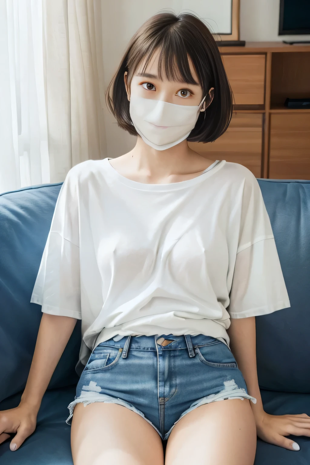 medium shot,living room, japanese lady, pale skin, droopy eyes, 20 year old, bowl cut hair, ((white t-shirts,lowrise blue denim shorts)), ((sitting on the sofa)), high quality:1.3, shoot from below, Professional lighting:2.0 realistic:1.2, 4k resolution, detailed skin, masterpiece:1.1,smile,(tanned skin:1.3),(sunburn tanlines:1.3),(athlete:1.2),(:1.3),(braless),((wearing white mask)),(model pose),(mask_pull:1.2),