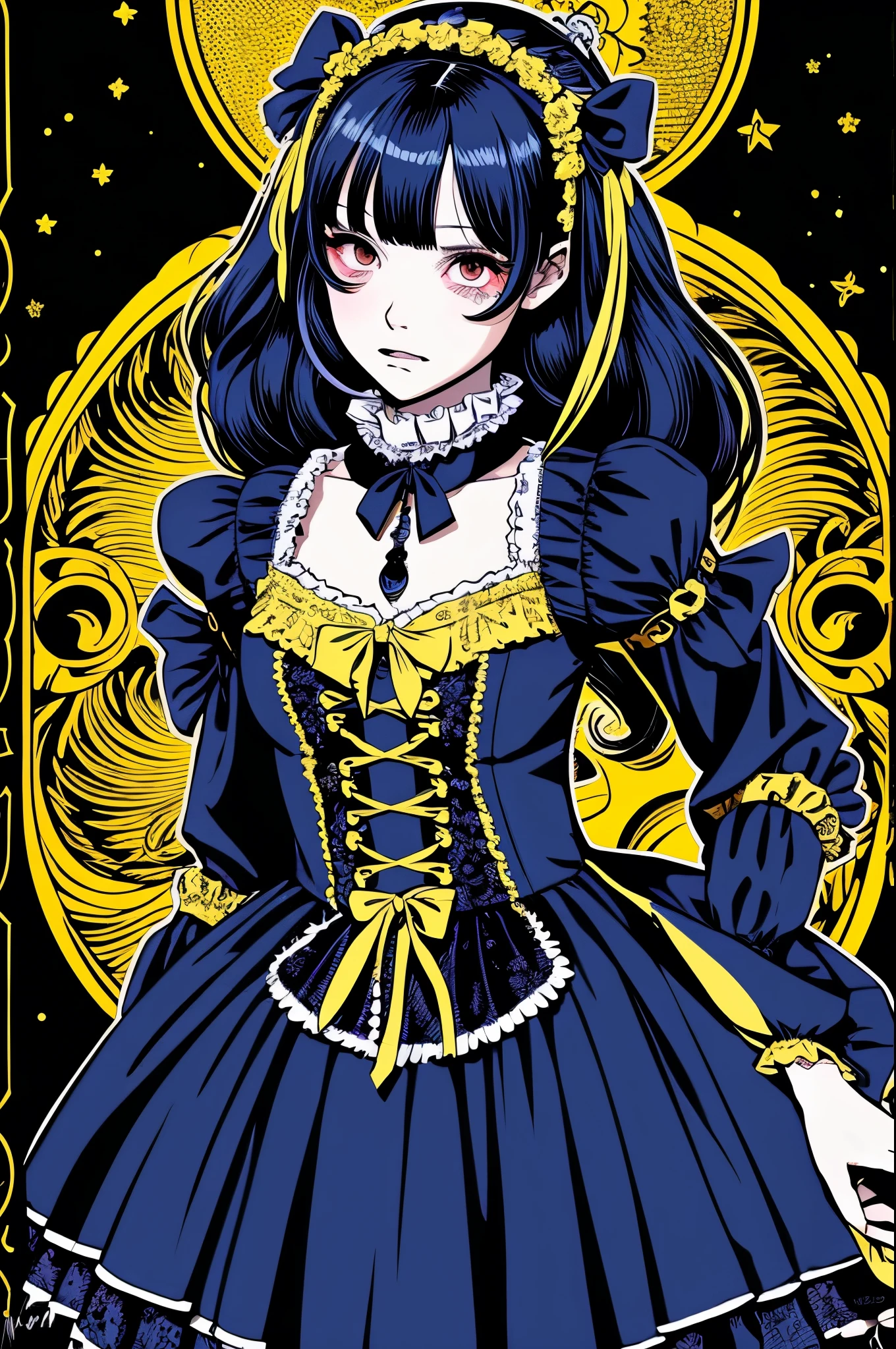 Beautiful Hardcore Illustration homepage illustration style, dark, high resolution, hard touch illustration, strong outline, 1 girl, gothic & lolita style, gothic & lolita fashion, 8k, American comic style, colorful background, Hiroyuki Nagasaka, aggressive, beautiful face, cool beauty, dress, beauty style, yellow color, Hard illustration, blue hear,