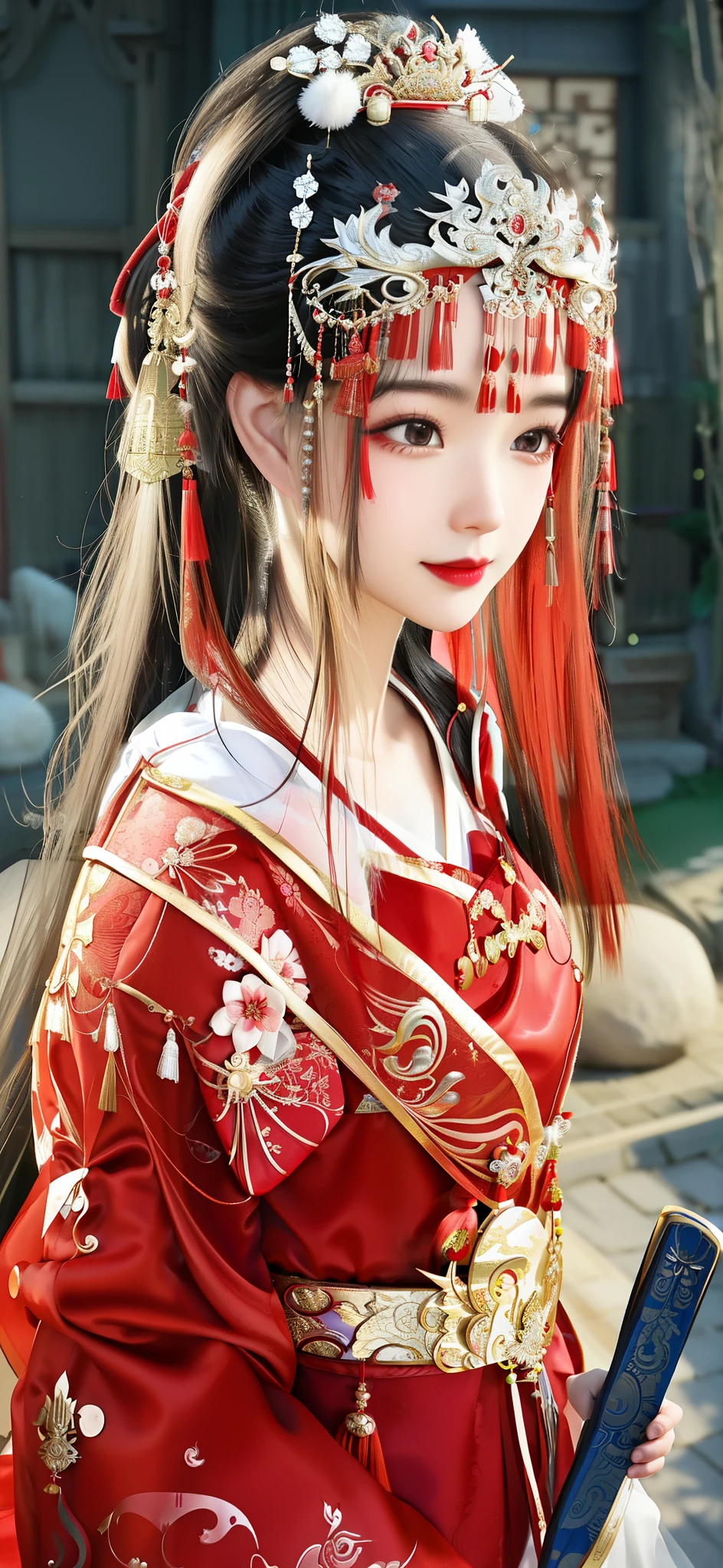 Arad woman in red dress,With a fan and a red hat, palace , A girl in Hanfu, Chinese traditional, Chinese, Wearing ancient Chinese clothes, Traditional Beauty, Chinese Girl, Chinese Princess, Chinese traditional clothing, Hanfu, Red decoration, ((Beautiful fantasy queen)), In line with Chinese aesthetics, Chinese woman, Chinese Princess