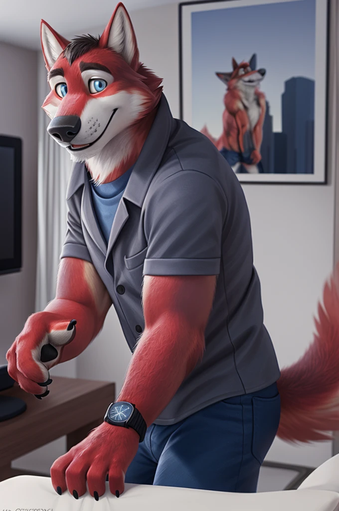 Ivan Fedorovich Wolfbach (Novosibirsk) ,tall handsome, wolf,young, 24 years, brown fur,Kind,(red body:1.3),beautiful blue eyes,Novosibirsk,dressed,checked shirt, jeans,socks,canine, wolf, detailed fur, male, second, paw pads, finger claws,At the viewer, 5 fingers, paws, 5 fingers, smile, wrist watch, т nextel,by xenoforge, (difficult, high detail, digital photography, soft focus, RAW variety дома, apartment,TV,wall,TV,Very close to the camera, variety,Novosibirsk, smile, good mood, positive, Very close to the camera, 
Photorealism, realistic, photorealistic, digital style, Subsurface scattering,I look at the viewer,
masterpiece, Best quality, ultra realistic, 8 thousand.)