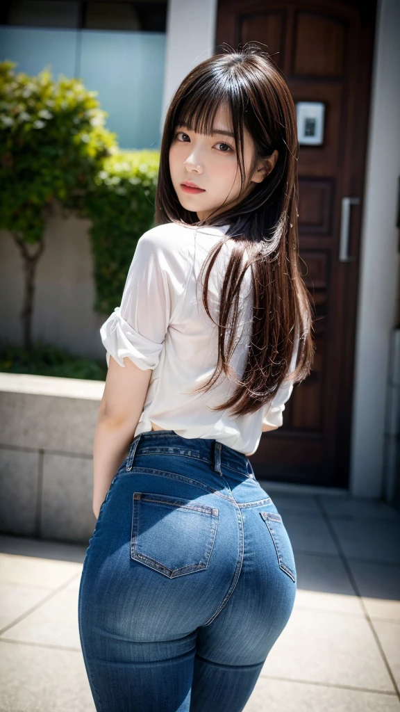 (hyuga Hinata, very sensual, with tight clothes, big-ass, legs thick, Wearing extremely tight jeans, wearing a mini blouse, umbigo com pirsing, big hair, Speaker behind, very realistic, extremely sexy, 8K, 8K extremamente detalhado), (an extremely delicate and beautiful), (Masterpiece artwork), (best qualityer: 1.0), (ultra highres:1.0)