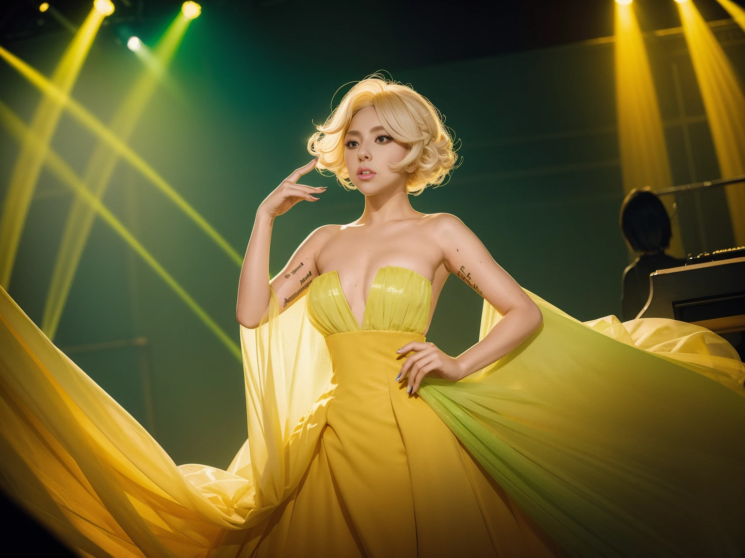 Lady Gaga fashion makeup blond giant fabulous wig backlight hyper detailed canary yellow green voile gown plays a white grand piano full body stage amber lighting
