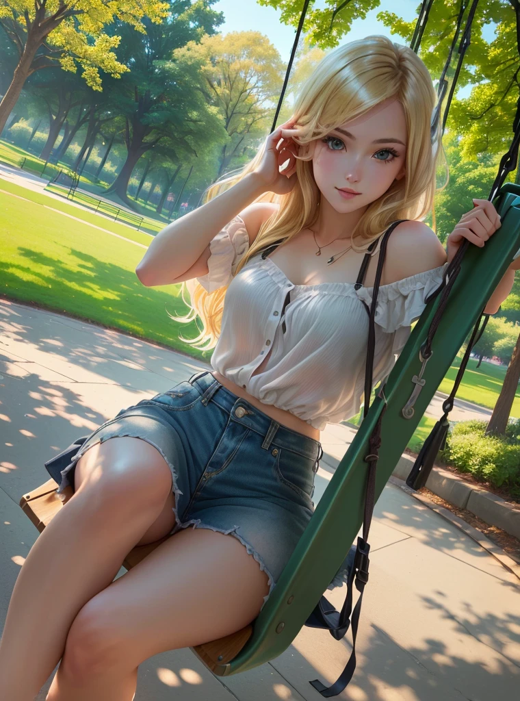 araffed girl sitting on a swing in a park, in a park, in the Park, Casual pose, in the Park, beautiful blonde girl, Anime girls in real life, in a park, pretty face with arms and legs, blonde goddess, Trends at cgstation, attractive pose, highly realistic photo, Trends on cgstation, blonde girl, in a city park