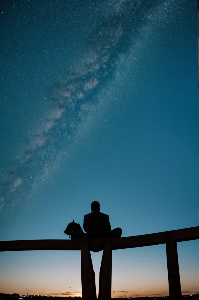 a picture of a man sitting staring at the sky