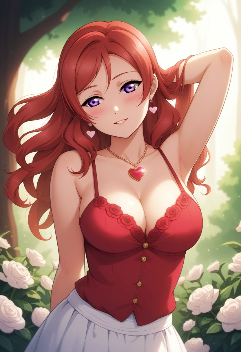 (Masterpiece, Best Quality, High Quality),maki nishikino, Red hair, purple eyes, volumetric lighting, illustration, beautiful, cowboy shot,milky breasts, camisole, floral print, big breasts, looking to the side, confident, seductive smile, (arms behind back, head tilt), heart pendant, perfect lighting, perfect shadows, flower, (breathtaking scenery), tree, blushing, love live style, castlevania style