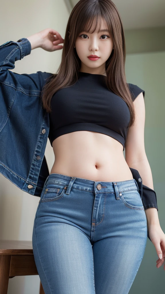 (Highest quality,4K,8K,High resolution,masterpiece:1.2),Super detailed,Realistic,photoRealistic:1.37,Japanese Girls,Beautiful attention to detail,eyelash,Mini Good,belly button,Long tight jeans