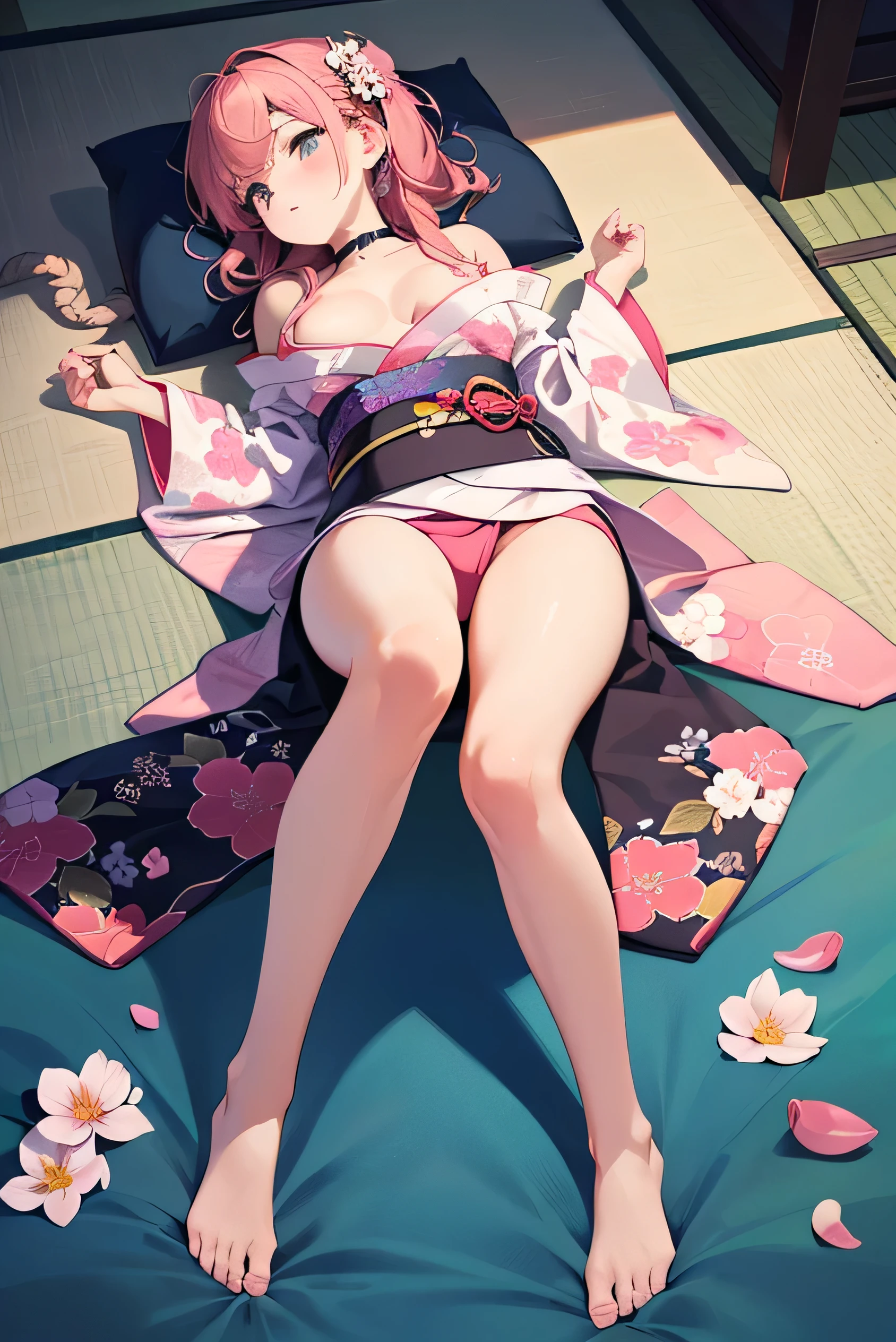 (Photorealistic:1.8, Highest quality:1.8,8K masterpiece:1.8,High resolution,Mastepiece:1.8,RAW Photos,Cinematic lighting)、1 Masochist Woman、Lying on your back、Top view angle、
(Japanese Kimono、A super mini kimono with a beautiful and cute orchid-style floral pattern:1.5、choker)、Breast Rope、Thigh rope、(Shoulders bare:1.3)、Bare thighs、Beautiful fair skin、barefoot、Black Pink Jenny's pause、Random Pause、smile