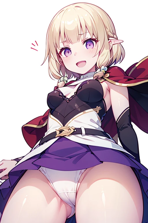 1 girl in, purple color  hair、Purplish pink eyes that dreamers desire, (Blonde hair) , small stature, Colossal tits, Lori, (masutepiece:1.2, Best Quality), (finely detailed beautiful eye: 1.2), (beautifull detailed face), (Best Illumination, extremely delicate and beautiful), ((Cinematic Light)), Dramatic light, (Pale white background:1.5), Short bob hair（1:3）、Ultra Contrast、Braid a little around the ears, White long dress、only has 5 fingers、Her  is visible through the white 、Wet pants、You can see inside your 、full of sweat、mocking look、、nffsw,Arms crossed、grab the arm、Shoot from below,Best Quality、Large breasts、muscular 、Pubic hair,high-level image quality、hightquality、8K,perfect hand、5 fingers、finger pin、Perfect Finger、T back、、noise cut、bullet hand、Her hair color should have been a brighter purple.The skirt part is also carefully expressed..、Purple skirt、the skirt is floating in the wind、Dark purple 、Pubic hair majority,(with sparkling eyes and a contagious smile),open mouth,from below:1.2, highest quality, high resolution,Real World, Natural light,perfect Natural light, Looking at Viewer,
